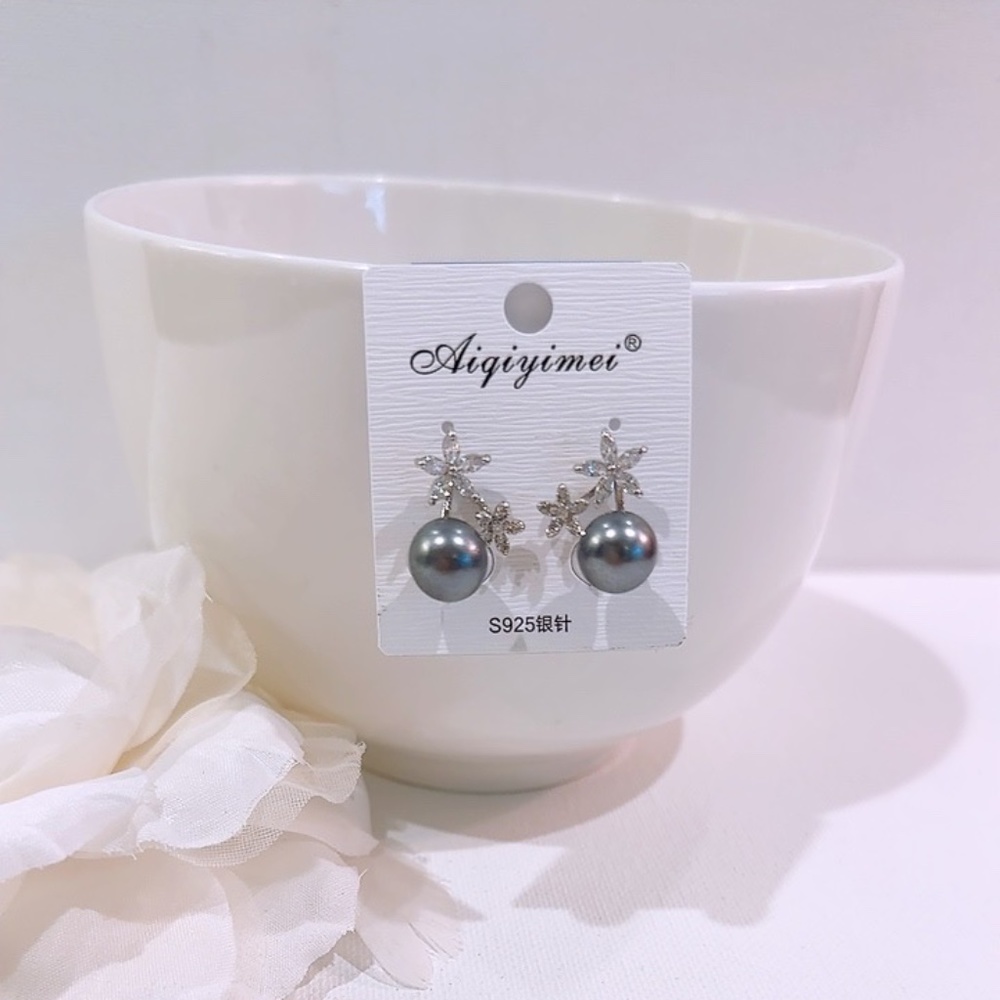 925 Silver Black Pearl & Cubic Zirconia Drop Earning
